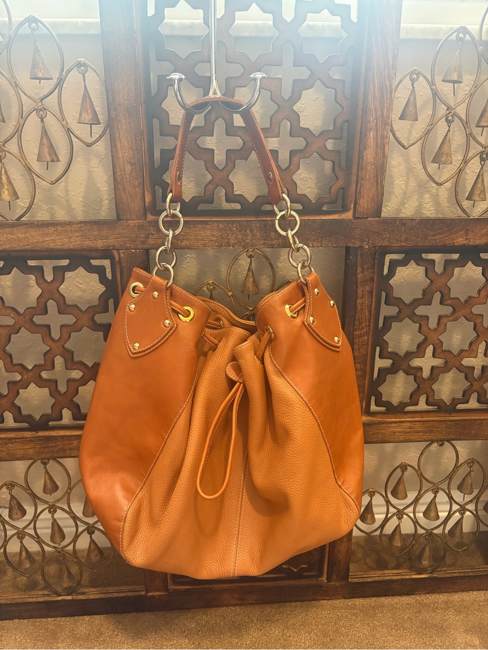 Furla Tan Leather Drawstring Hobo with Gold Hardware